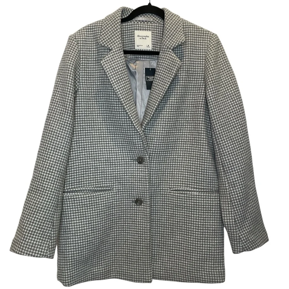 NWT Abercrombie & Fitch Wool Blend Houndstooth Tailored Top Coat in Grey Medium